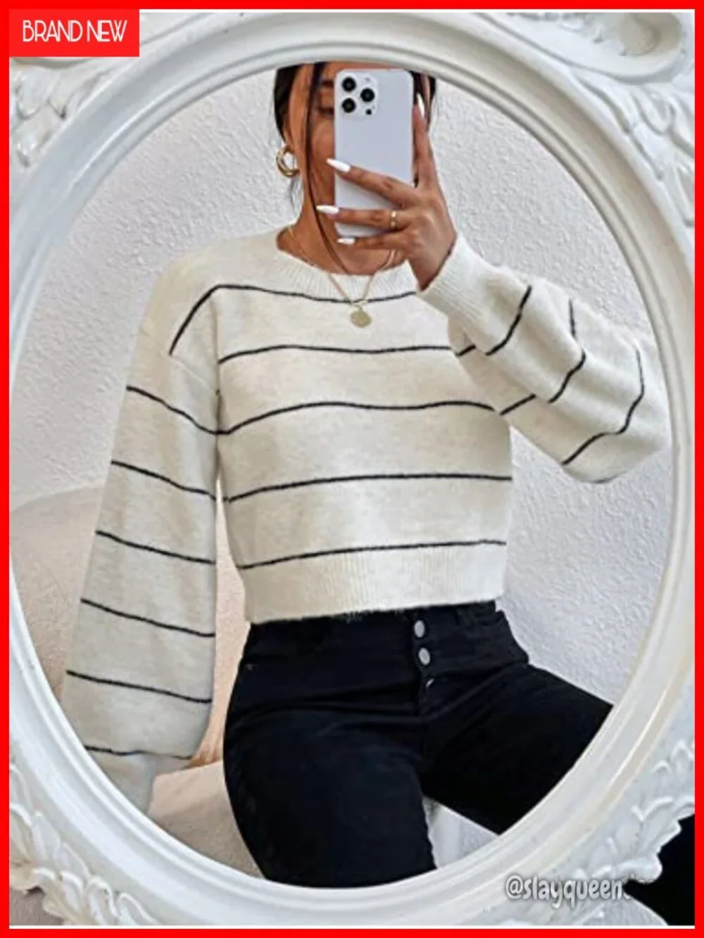Striped Drop Shoulder Crewneck Soft Cropped Sweater Pullover Knit Top